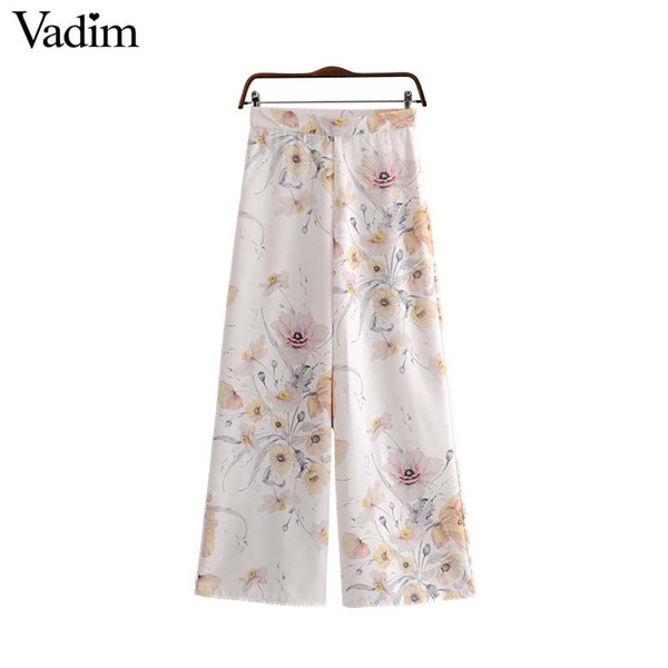 Vadim women elegant wide leg pants vintage floral print side zipper fly casual female ankle length chic trousers mujer KA951