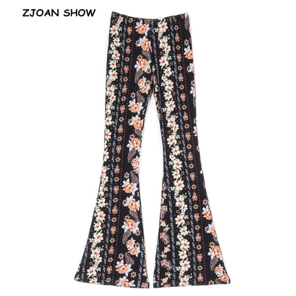 2019 New Black Flower Print Flare Pants Sexy Women Bohemian Tribal African Print Long Trousers Bell Bottom Leggings Hippie Pants