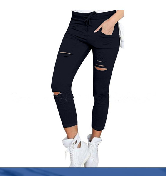 Women Fashion Cotton Hole Pencil Pants Skinny Nine Points Pants High Waist Stretch Jeans Slim Pencil Trousers Capris Hot