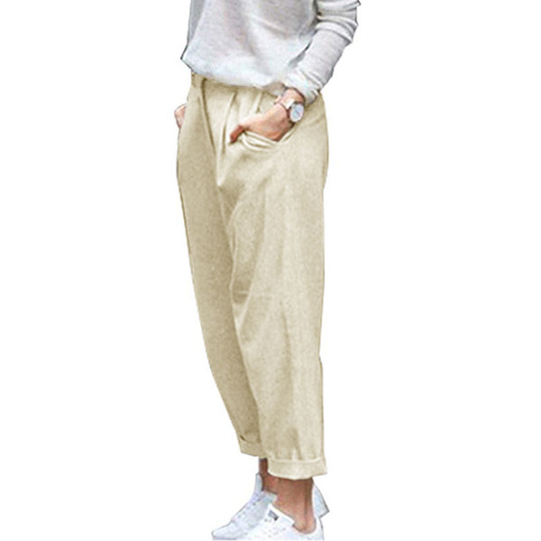 Women's Cropped Pants Summer Casual High Waist Elastic Waist Linen Slim Fluid Pants 7/8 Length