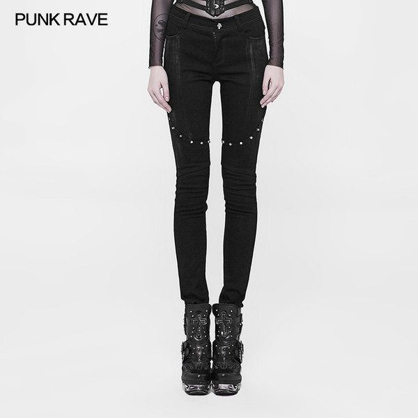 Punk Rave Women Punk Pants Gothic Fashion Casual Rivet Skull Slim-Fitting Retro Streetwear Personality Long Pants for Women