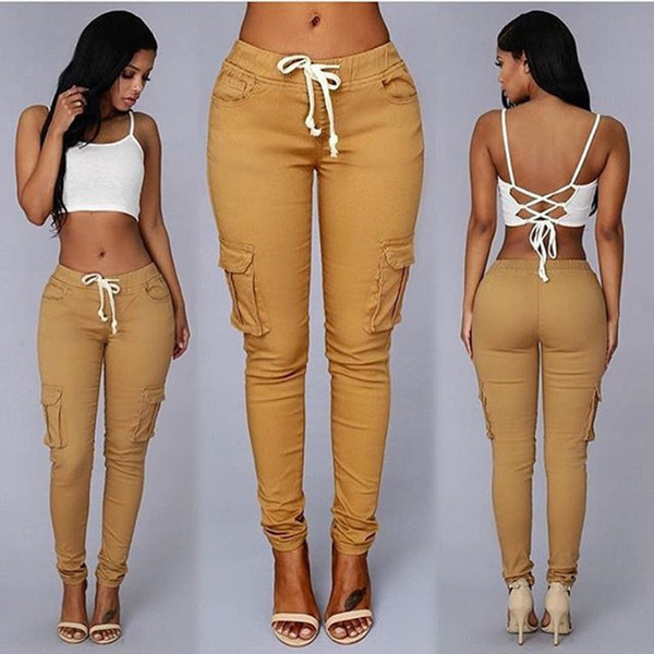 Women Drawstring Pockets Casual Pants Sexy Clothes Leggings Trousers Skinny Pencil Jeans Army Trousers