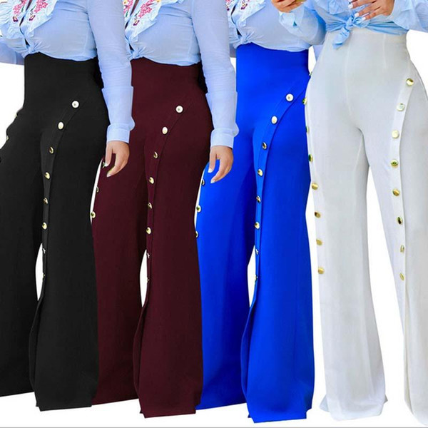 2017 Women Casual Fashion Palazzo Loose High Waist Wide Leg OL Career Long Pants Button Trousers