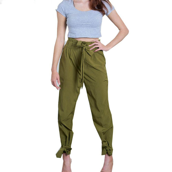 2018 Summer Women High Waist Bandage Pencil Pants Casual Loose Army Green Club Party Lady Pants Long Trousers