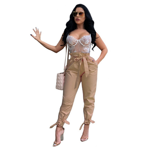 2018 Summer Women High Waist Bandage Wide Leg Pants Casual Khaki Black Brown Loose Elastic Ankle Knee Length Pants