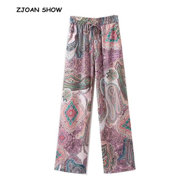 Ethnic Colored Paisley print Wide Leg Pants Woman Holiday Bow Elastic waist Full length Trousers Femme Casual loose Pants