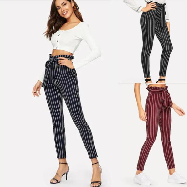 Bow Striped Ruffles Pants Women Elastic Waist Falbala Capris Bowknot OL Drawstring Pencil Pants Trousers OOA6495