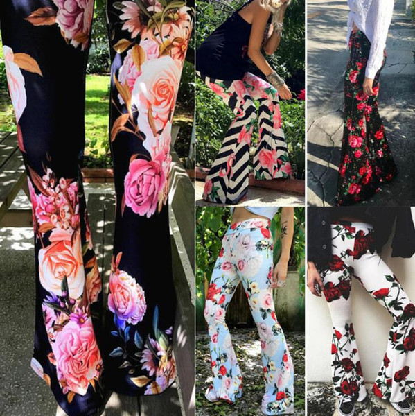 Women Flower Print Flare pants Fashion Slim high waist t Ladies Trousers Printing Boho Flare Long Pants LJJK1390