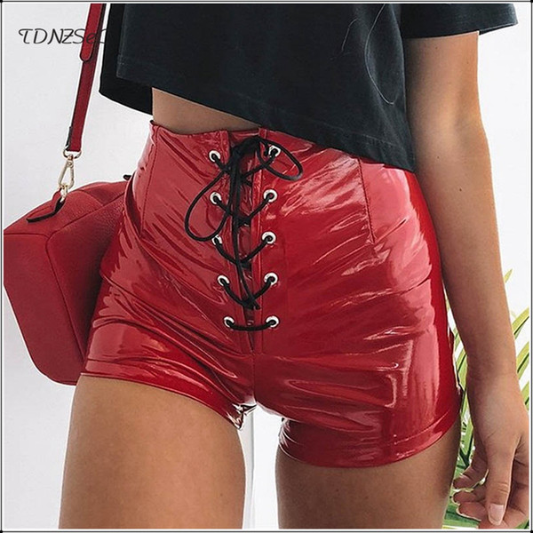 Women Sexy PU Patent Leather Bandage Skinny Shorts High Waist Lace Up PVC Latex Solid Color Package Hip Shorts Capris Nightclub