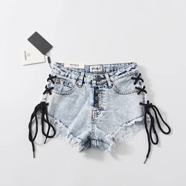 2018 Summer Casual Short Pants Blue Button Pocket Patchwork Straight High-Waist Jeans Women Fashion Tassel Denim Shorts