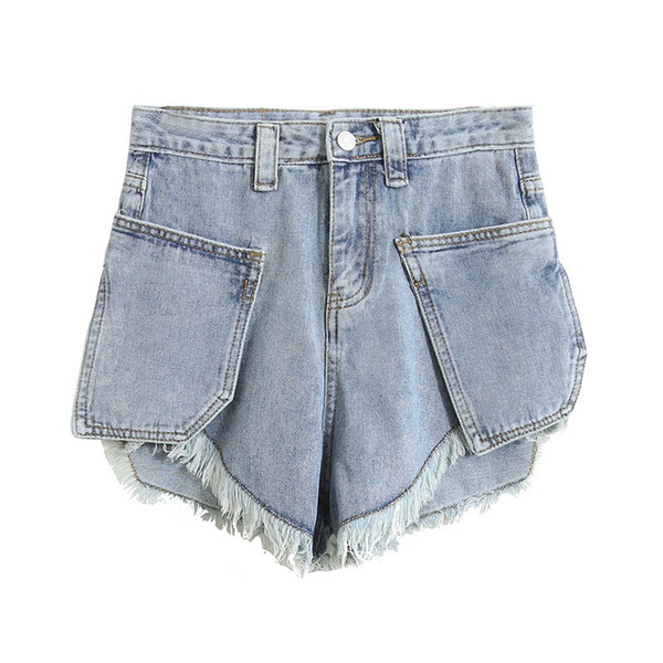 2019 New Summer High Waist Wide Leg Shorts Women Fashion Big Pocket Tassel Split Short Jeans Casual Loose Trousers