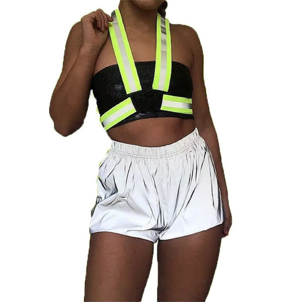 Women Hip Hop Loose Short Pants Night Light Reflective Shorts Casual Solid Color Shorts Mid Elastic Waist Sexy Club Wear