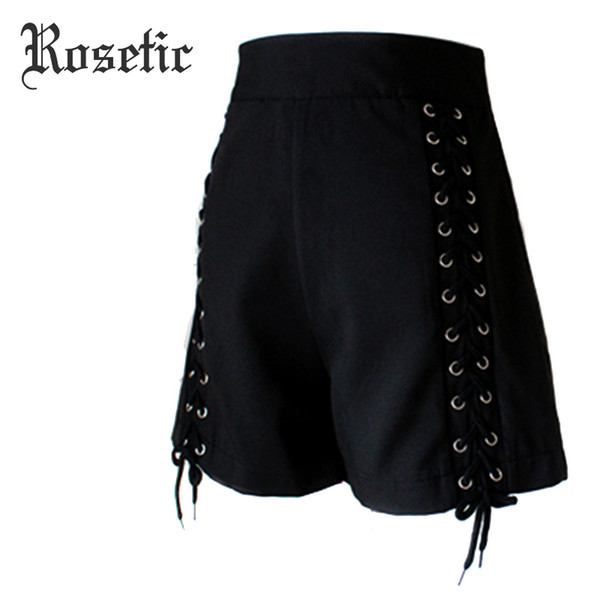 Rosetic Gothic Style Women 2017 Summer Fashion Lace-Up Bandage Hig Waist Black Shorts