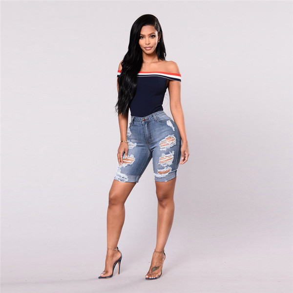 Destroyed Ripped short jeans Women Distressed Skinny DenimHoles Broken Knee Length short Jeans plus size shorts S-3XL