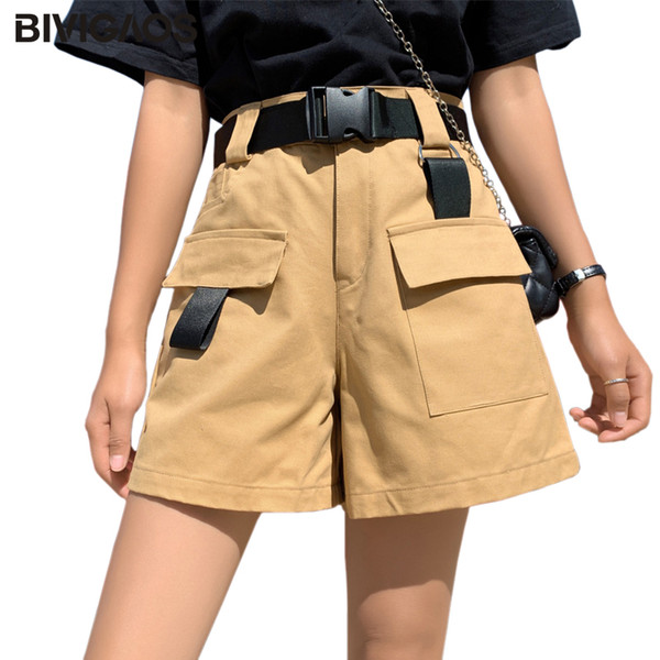 BIVIGAOS Summer New Belt Cargo Shorts Ribbon Pocket Cotton Short Women Harajuku Loose Straight Wide Leg Casual High Waist Shorts