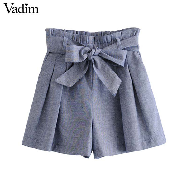 Vadim women chic solid shorts bow tie sashes pockets elastic paperbag waist female elegant shorts pantalones cortos SA125