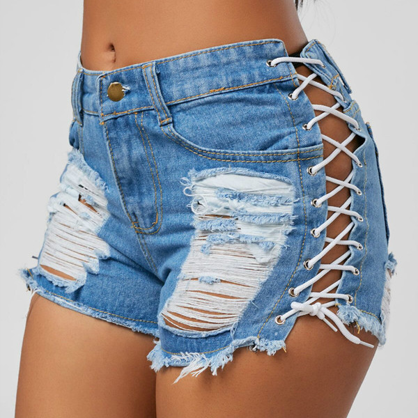 Sexy Summer Women Denim Shorts 2018 New Black Blue High Waist Ripped Short Jeans Femme Tassel Lace Up Bandage Hotpants