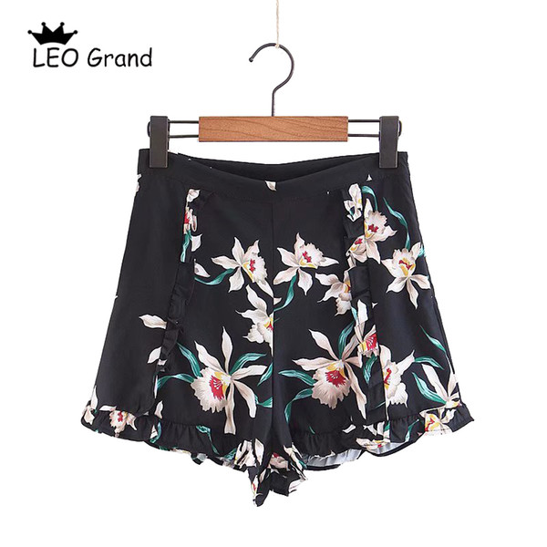 Leo Grand women casual floral printed shorts zipper fly ruffles design hot shorts high waist pantalones cortos 913045