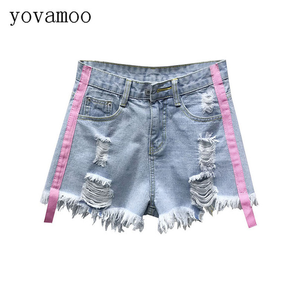 Yovamoo 2018 Summer Vintage Students Light Blue High Waist Hole Denim Shorts Female Korean Slim Wide Leg Shorts Women