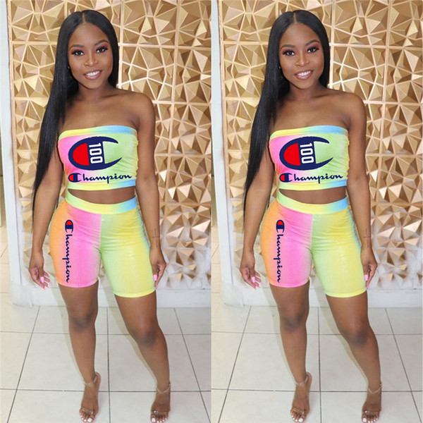 Women Designer Two Piece Set Champion Strapless Crop Tube Top + Biker Shorts Brand Outfit Bodycon Sportswear jogger Suit S-2xl A52304