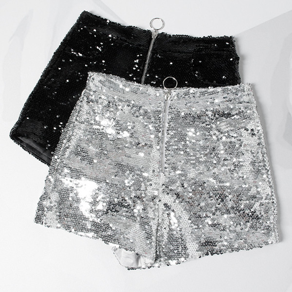 Bling Sexy Club Women Sequin Shorts High Waist O-Ring Zip Front Bodycon Shorts Applique Pockets Skinny Party Jazz Dance