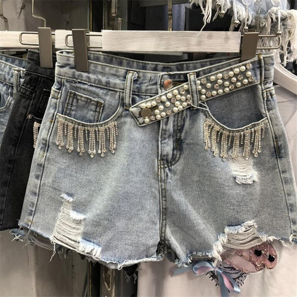 Women Denim Shorts With Beading Pearls 2019 Summer Fashion Streetwear Ladies Ripped Hole Diamond tassel Jeans Shorts r1175