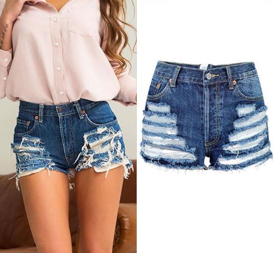 Women High Waist Denim Shorts Sexy Ripped Hole Jeans Back Zipper Female Mini Denim Shorts Fashion Slim Summer New D142