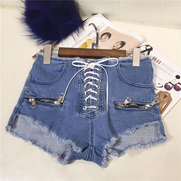 2018 Fashion Women Summer Cross Lace Up Denim Shorts Skinny Zipper Mini Chick eye buckle Short