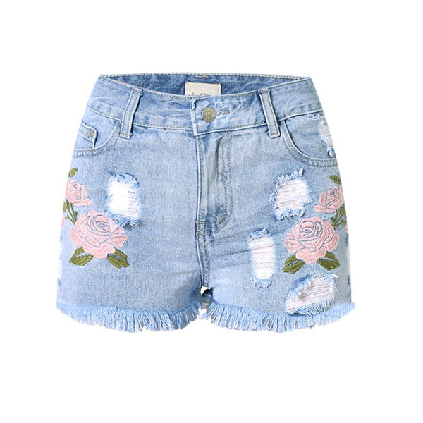 Women Summer Denim Shorts Flower Embroidery Casual Shorts For Ladies Blue Slim Ripped Scratched Denim Hole High Waist