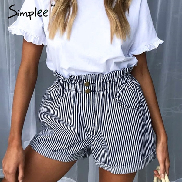 e Casual Striped Shorts Women's Summer High Waist Buttons Loose Fold Bottom Shorts Streetwear Cargo Female 2019