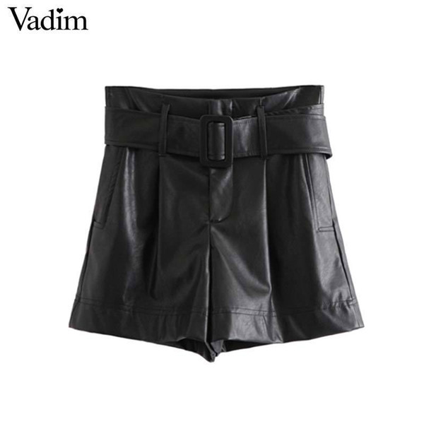 Vadim Women Black Pu Leather Shorts Bow Tie Belt Pockets High Waist Zipper Fly Ladies Casual Shorts Pantalones Cortos Sa063 C19032801