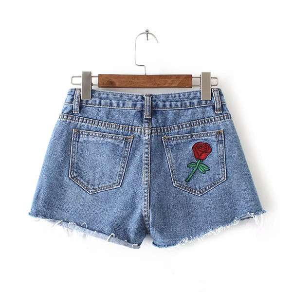 2017 Fashion Women Tassel Embroidery Jeans Short Summer Rose Flower Pockets Denim Pantalon Femme Casual Ripped Wide Leg Female