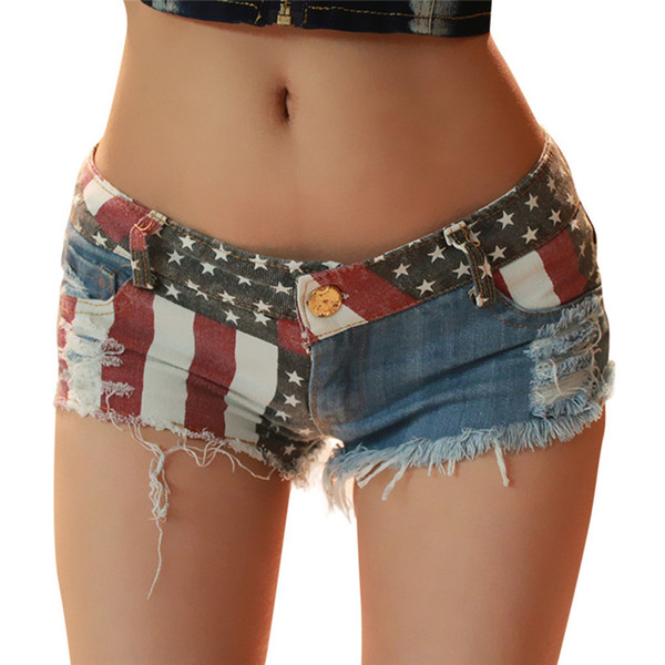 Women America Flag Print Denim Shorts High Waist Hole Shorts Mujer A La Moda Pockets Sexy Mini Jeans Damskie 40May13