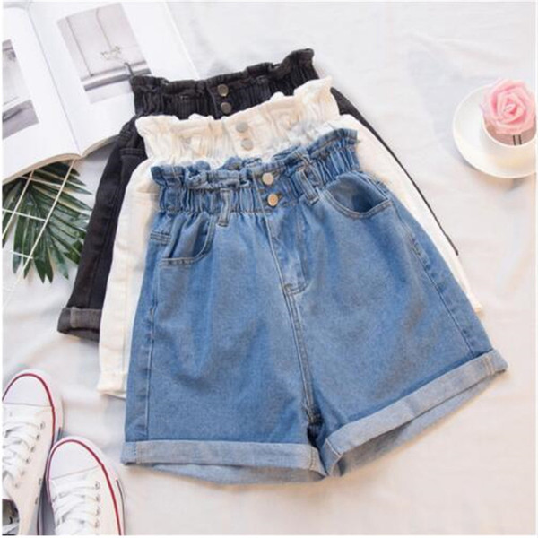 New Summer Fashion Elastic High Waist Denim Shorts Women Casual Cuffs Wide Legs Shorts Loose All-Match Short jeans Famale Mw610