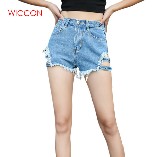 2019 Women Summer New Hole Denim Shorts Female Casual High Waist Sexy Rivet Jean Shorts Streetwear