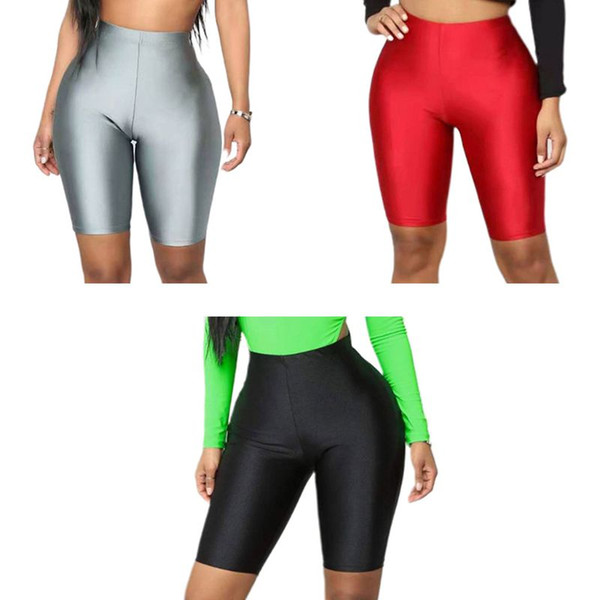 Womens High Waist Bright Fluorescent Fitness Half Tights Glitter Silky Sport Yoga Shorts Cycling Cropped Pants Night Clubwear