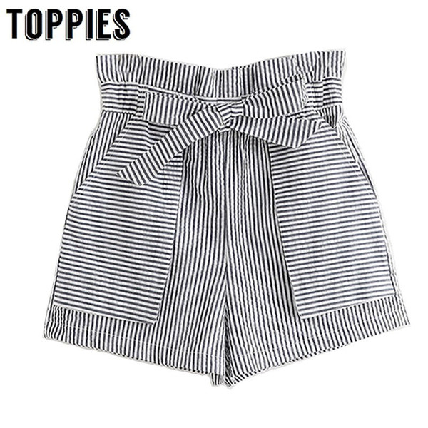 New Arrival Striped Pockets Bermuda Shorts Elastic High Waist Summer Shorts Bow Belt Korean Bottoms pantalones cortos mujer