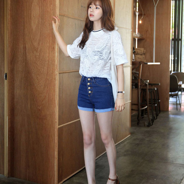 Ladies Jeans Solid Color High Waist Buckle Shorts Casual for Summer XRQ88