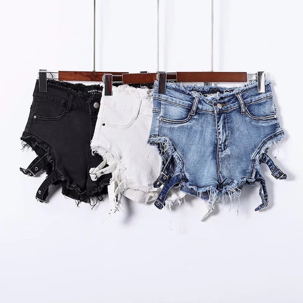 Europe and the United States 2019 summer sexy raw edge elastic hollow hole denim hot pants shorts