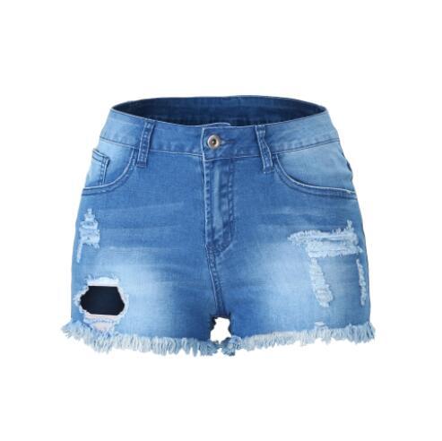 2019 fashion Summer Europe and America high quality ladies jeans button white washed tassel hole denim shorts