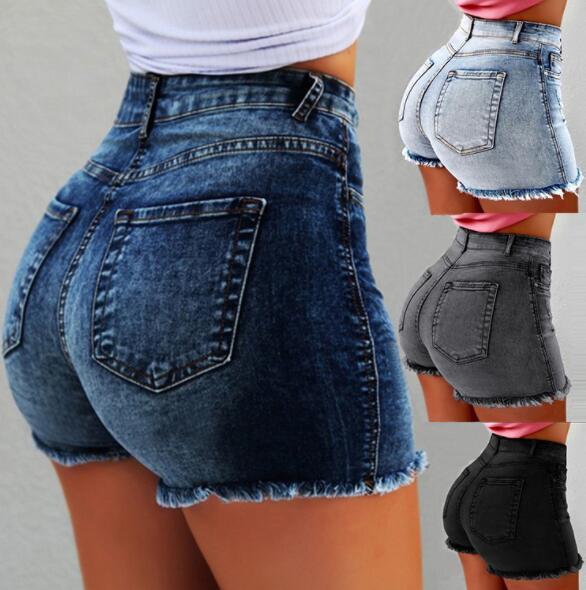 Summer sexy refreshing women's denim cotton shorts tassel hole high waist grinding white worn fashion shorts