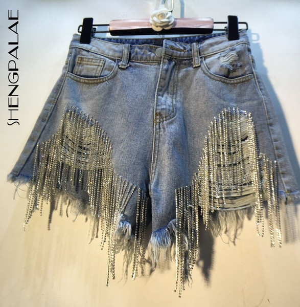 SHENGPALAE 2019 Summer European Style High Quality Tassels Diamond Beads High Waist All-match Denim Shorts Woman Fashion FN168