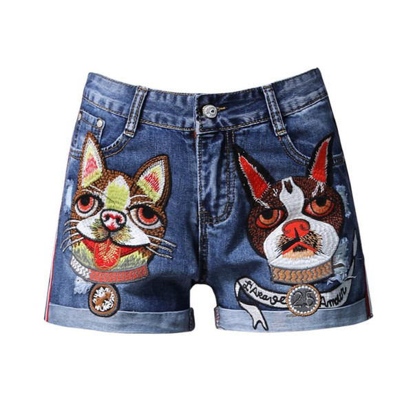 Casual Fuuny Dog Pattern Big Embroidered Denim Shorts Designer Cartoon Patches Womens Jeans for Summer