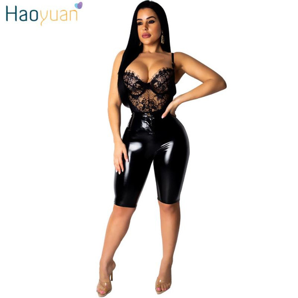 HAOYUAN High Stretch PU Leather High Waist Shorts Women Black Pink Faux Leather Biker Shorts Push Knee Length Sexy Short Pants