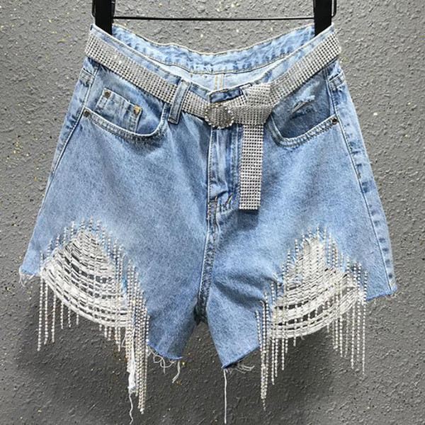 plus size 26-31!Tassel rhinestone hole high waist denim shorts women summer loose wide leg jeans shorts