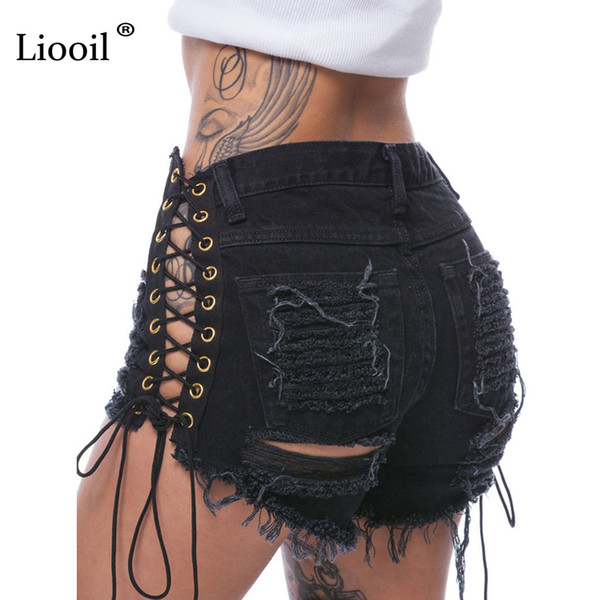 Liooil Lace Up Sexy Denim Shorts Fashion Mid Waist Black Ripped Tassel Hole Rivet Women Summer Bandage Jeans Shorts Hotpants