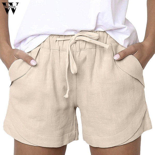 Womail Women's Shorts 1pc Summer Short Casual Women Solid Color Cotton Linen Pockets Bandage Elastic Waist Shorts 2019 Jun04