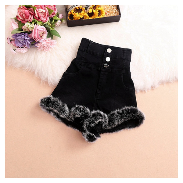 New design women's high waist bodycon tunic denim jeans fabric single breasted boot cut shorts rabbit fur cuff shorts S M L