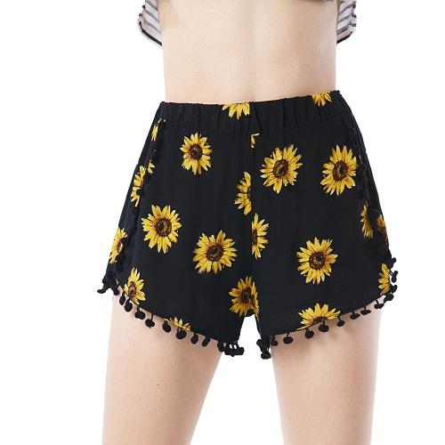 Beauty Garden Women Shorts New Fashion Sunflower Print Casual Cotton Elastic Tassel Decoration Comfortable Shorts