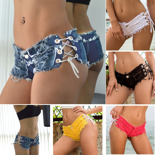 Women Tassel Ripped Side Lace Up Cut Out Ultra Low Waist Jeans Denim Shorts Hot Pants Booty Twerk